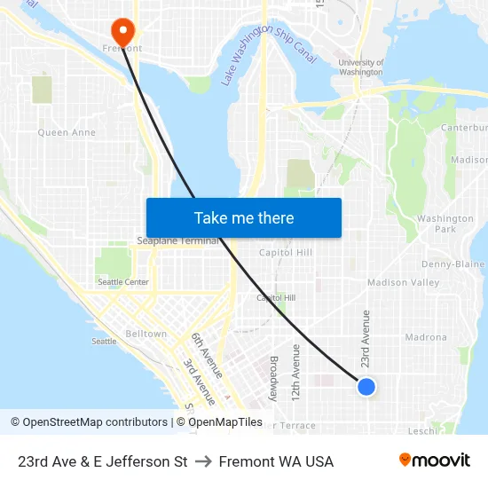 23rd Ave & E Jefferson St to Fremont WA USA map