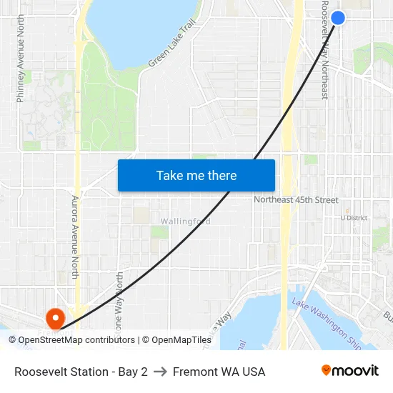 Roosevelt Station - Bay 2 to Fremont WA USA map