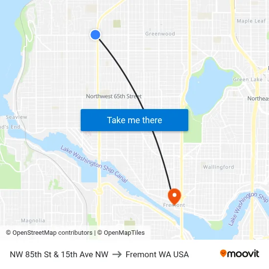 NW 85th St & 15th Ave NW to Fremont WA USA map