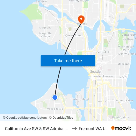 California Ave SW & SW Admiral Way to Fremont WA USA map