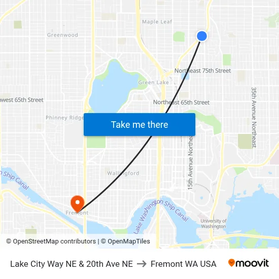 Lake City Way NE & 20th Ave NE to Fremont WA USA map