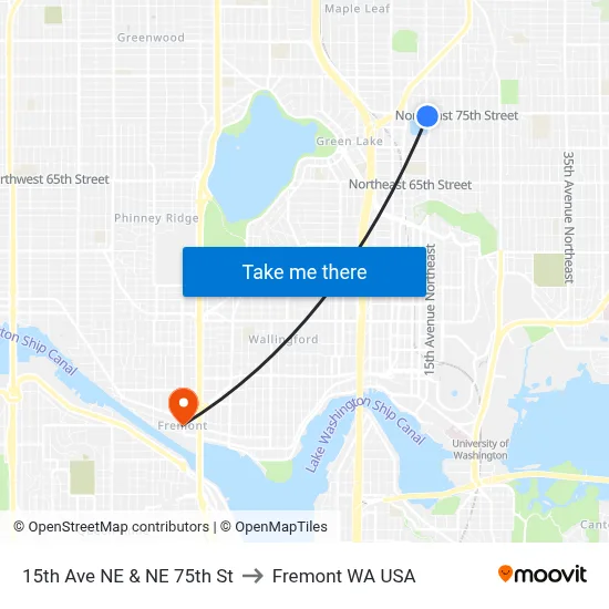 15th Ave NE & NE 75th St to Fremont WA USA map