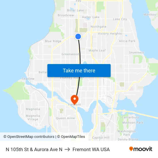 N 105th St & Aurora Ave N to Fremont WA USA map
