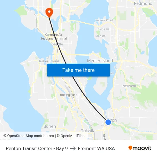 Renton Transit Center - Bay 9 to Fremont WA USA map