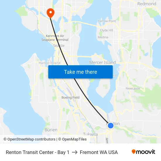 Renton Transit Center - Bay 1 to Fremont WA USA map