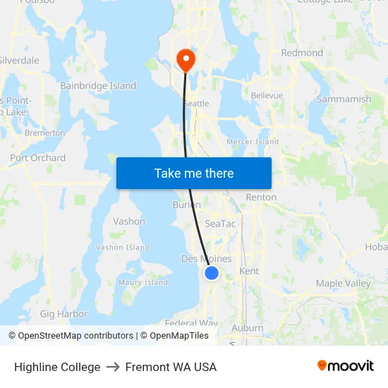 Highline College to Fremont WA USA map