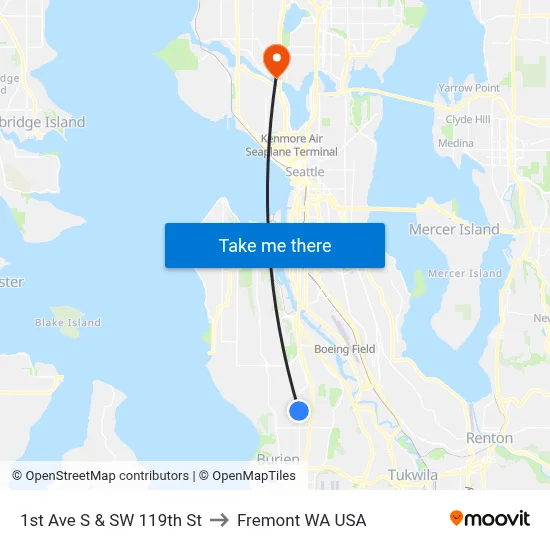 1st Ave S & SW 119th St to Fremont WA USA map