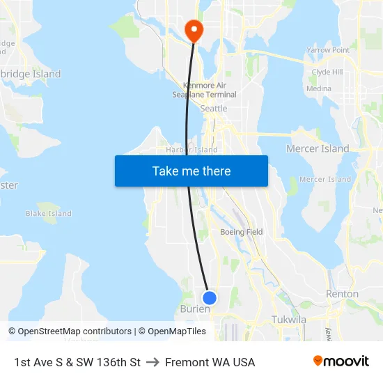 1st Ave S & SW 136th St to Fremont WA USA map