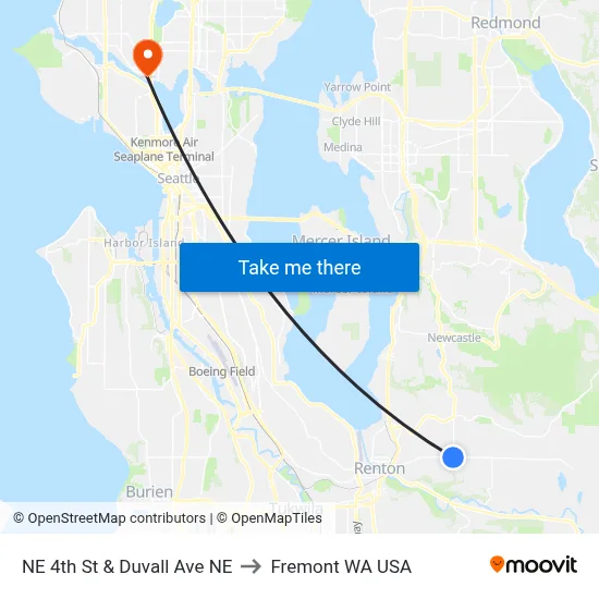 NE 4th St & Duvall Ave NE to Fremont WA USA map
