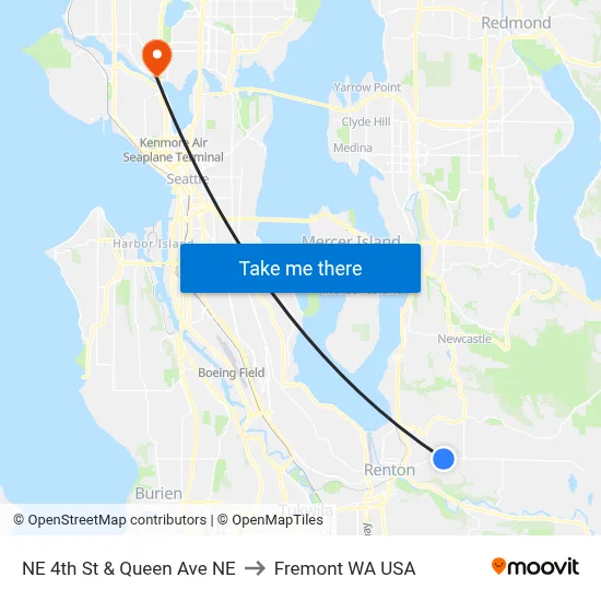 NE 4th St & Queen Ave NE to Fremont WA USA map