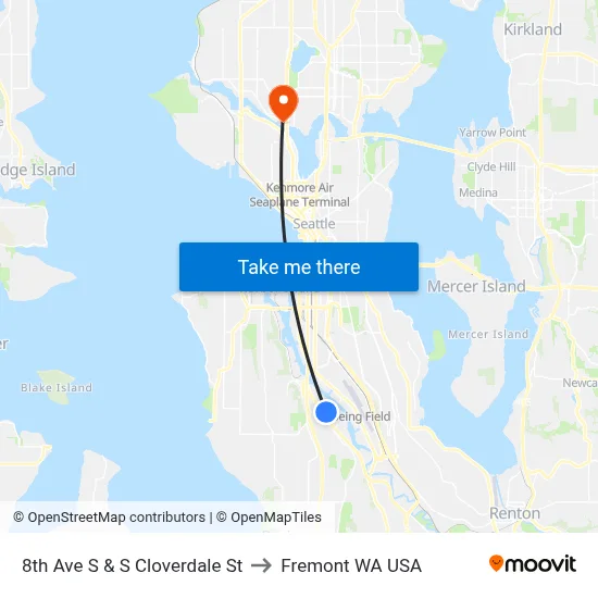 8th Ave S & S Cloverdale St to Fremont WA USA map
