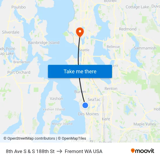 8th Ave S & S 188th St to Fremont WA USA map