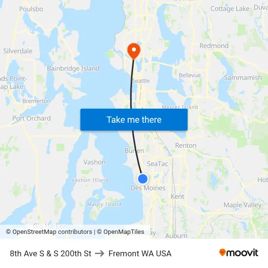 8th Ave S & S 200th St to Fremont WA USA map