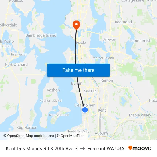 Kent Des Moines Rd & 20th Ave S to Fremont WA USA map