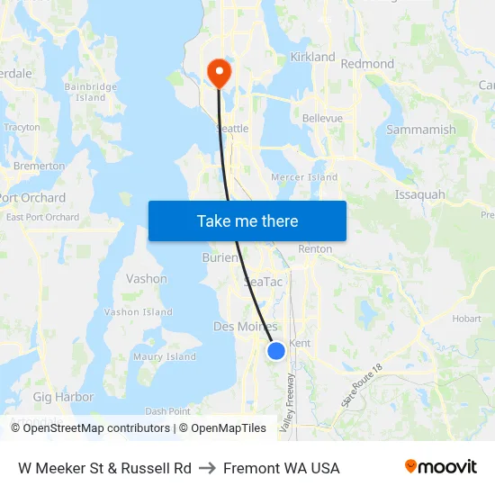 W Meeker St & Russell Rd to Fremont WA USA map