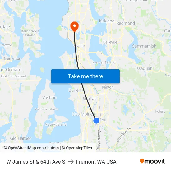 W James St & 64th Ave S to Fremont WA USA map