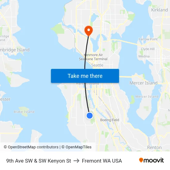 9th Ave SW & SW Kenyon St to Fremont WA USA map
