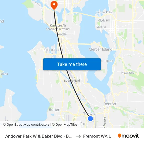 Andover Park W & Baker Blvd - Bay 2 to Fremont WA USA map