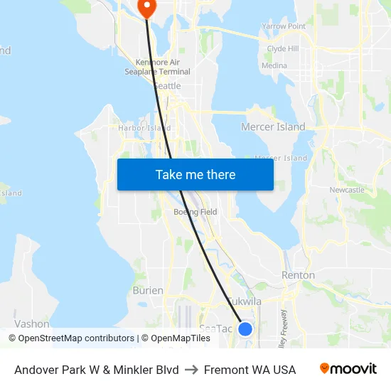Andover Park W & Minkler Blvd to Fremont WA USA map