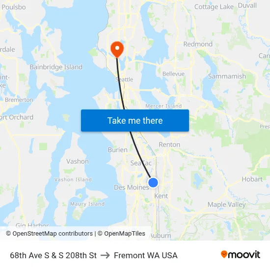 68th Ave S & S 208th St to Fremont WA USA map