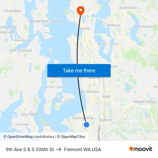 9th Ave S & S 336th St to Fremont WA USA map