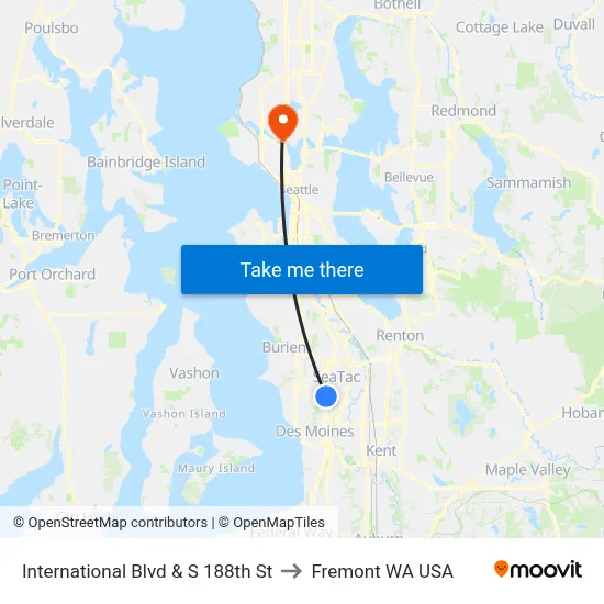International Blvd & S 188th St to Fremont WA USA map