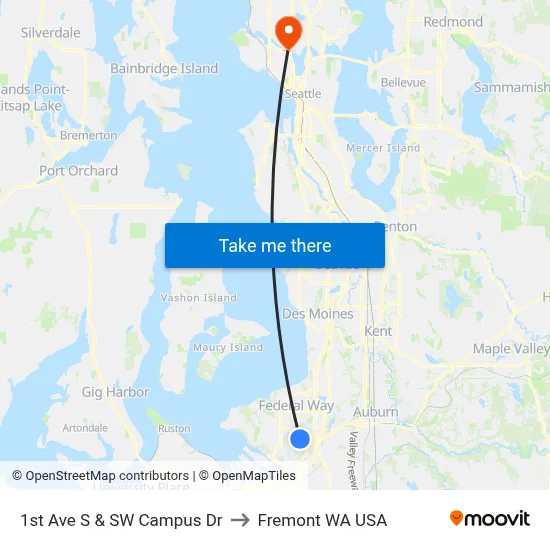 1st Ave S & SW Campus Dr to Fremont WA USA map