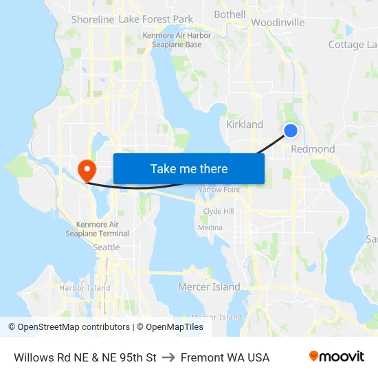 Willows Rd NE & NE 95th St to Fremont WA USA map