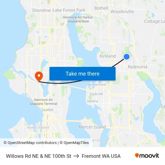 Willows Rd NE & NE 100th St to Fremont WA USA map
