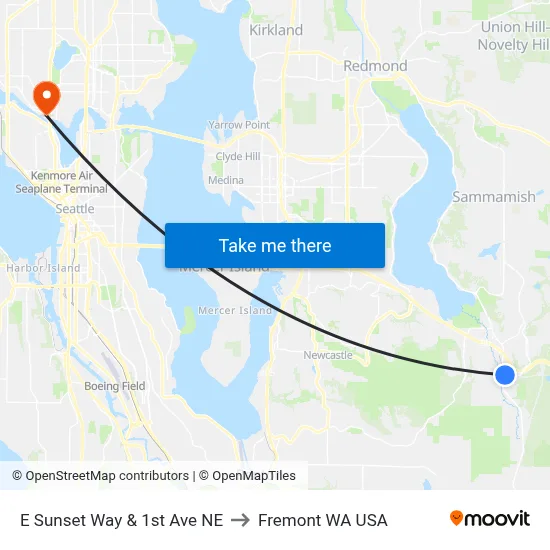 E Sunset Way & 1st Ave NE to Fremont WA USA map