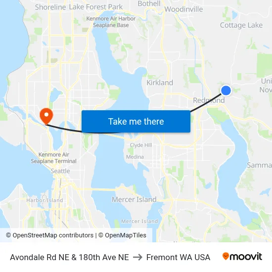 Avondale Rd NE & 180th Ave NE to Fremont WA USA map