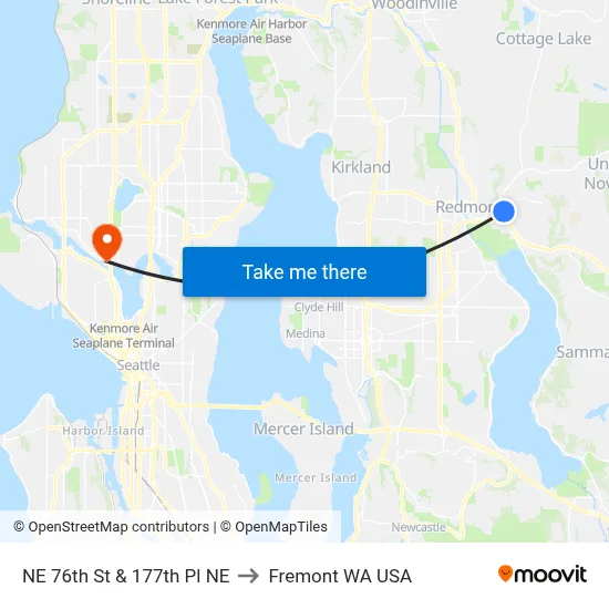 NE 76th St & 177th Pl NE to Fremont WA USA map