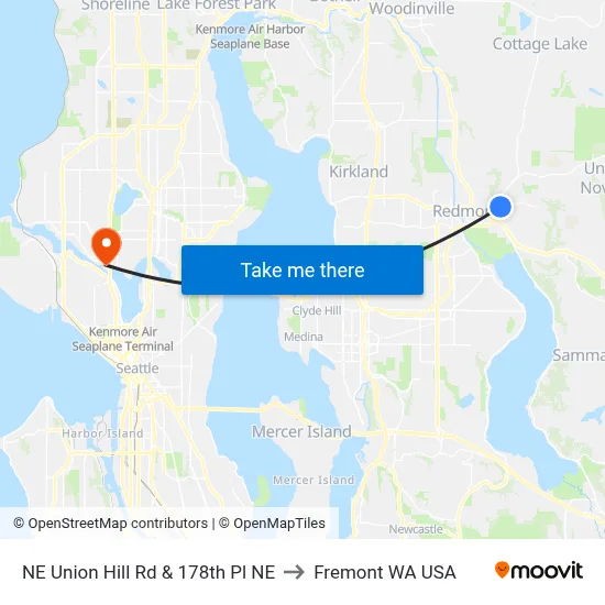 NE Union Hill Rd & 178th Pl NE to Fremont WA USA map