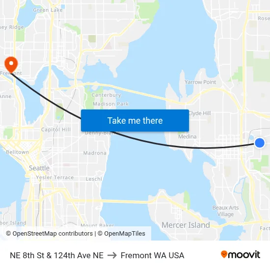 NE 8th St & 124th Ave NE to Fremont WA USA map