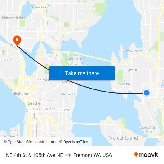 NE 4th St & 105th Ave NE to Fremont WA USA map