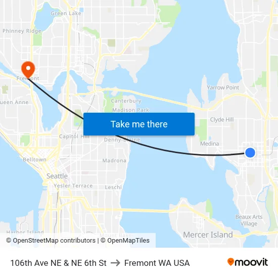 106th Ave NE & NE 6th St to Fremont WA USA map