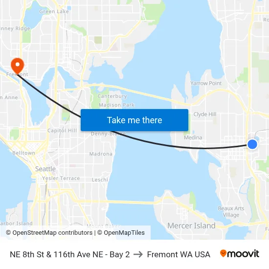 NE 8th St & 116th Ave NE - Bay 2 to Fremont WA USA map