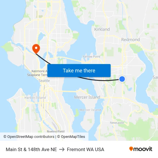 Main St & 148th Ave NE to Fremont WA USA map