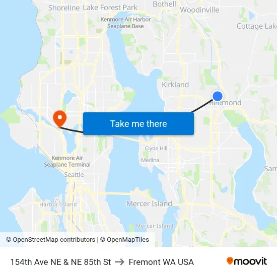 154th Ave NE & NE 85th St to Fremont WA USA map