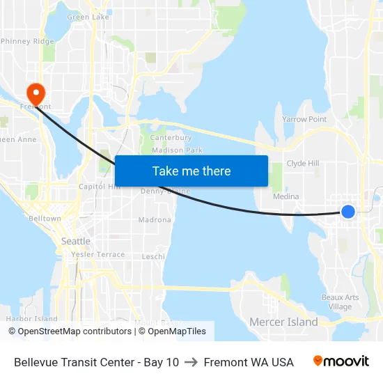 Bellevue Transit Center - Bay 10 to Fremont WA USA map