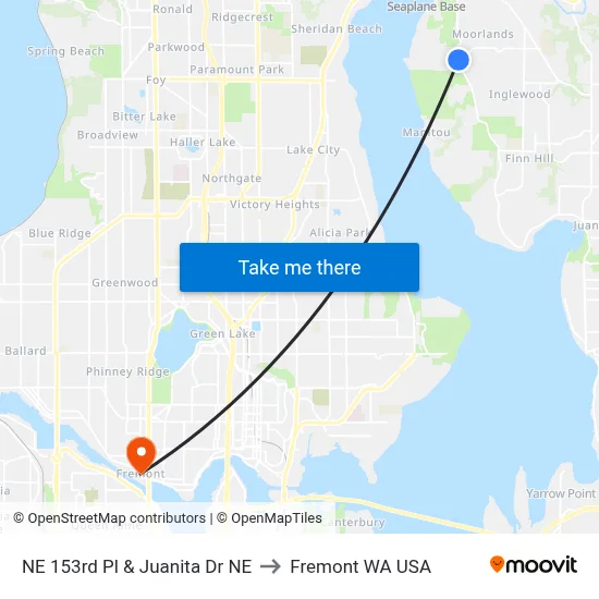 NE 153rd Pl & Juanita Dr NE to Fremont WA USA map