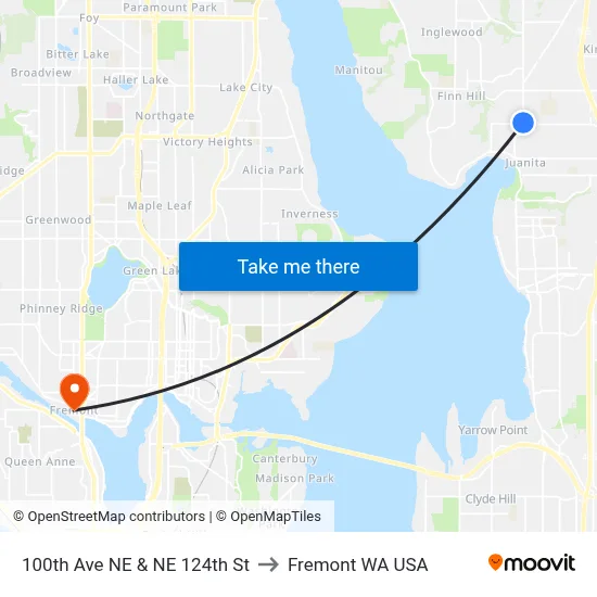 100th Ave NE & NE 124th St to Fremont WA USA map