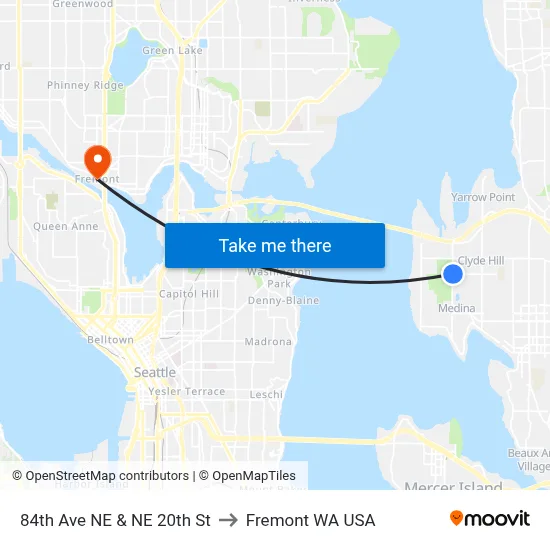 84th Ave NE & NE 20th St to Fremont WA USA map