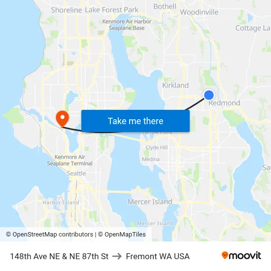 148th Ave NE & NE 87th St to Fremont WA USA map