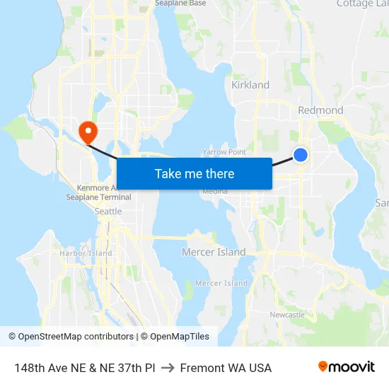148th Ave NE & NE 37th Pl to Fremont WA USA map