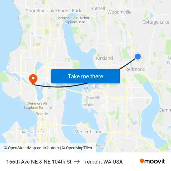 166th Ave NE & NE 104th St to Fremont WA USA map