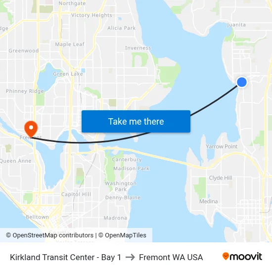 Kirkland Transit Center - Bay 1 to Fremont WA USA map