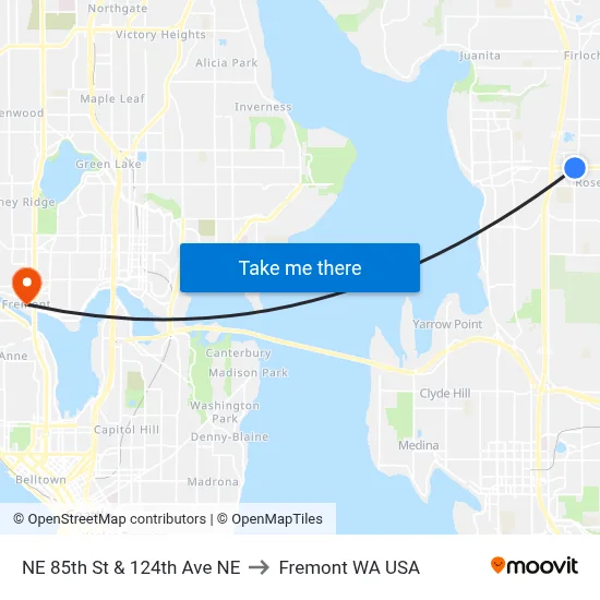 NE 85th St & 124th Ave NE to Fremont WA USA map