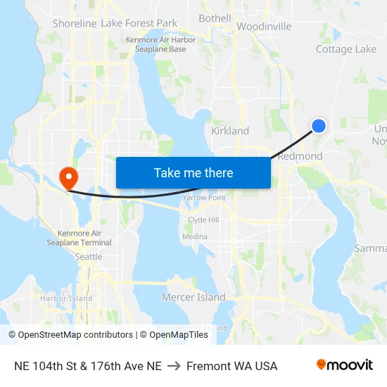 NE 104th St & 176th Ave NE to Fremont WA USA map