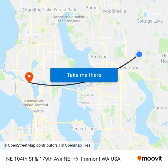 NE 104th St & 179th Ave NE to Fremont WA USA map